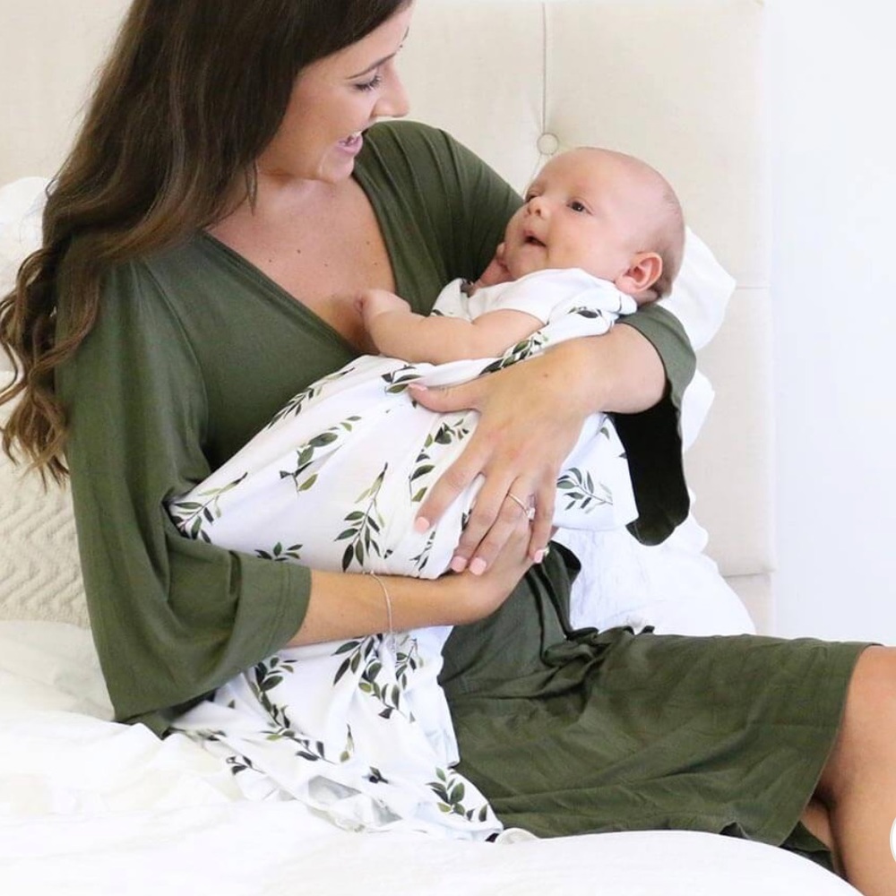 Caden Lane Bamboo Maternity Robe Nursing Delivery Hospital Olive Green